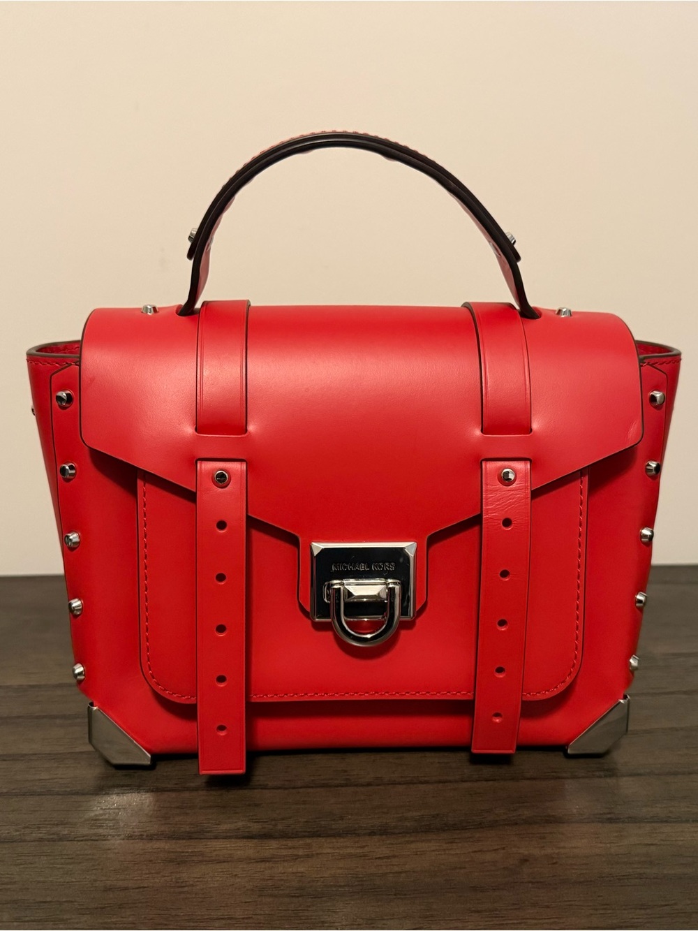 Michael Kors Red Manhattan Studded Top-Handle Satchel